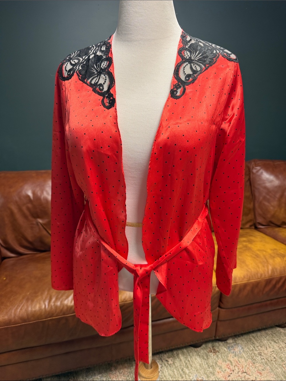 Victoria's Secret RARE Gold Label NWT Red Satin Robe with Black Lace Trim